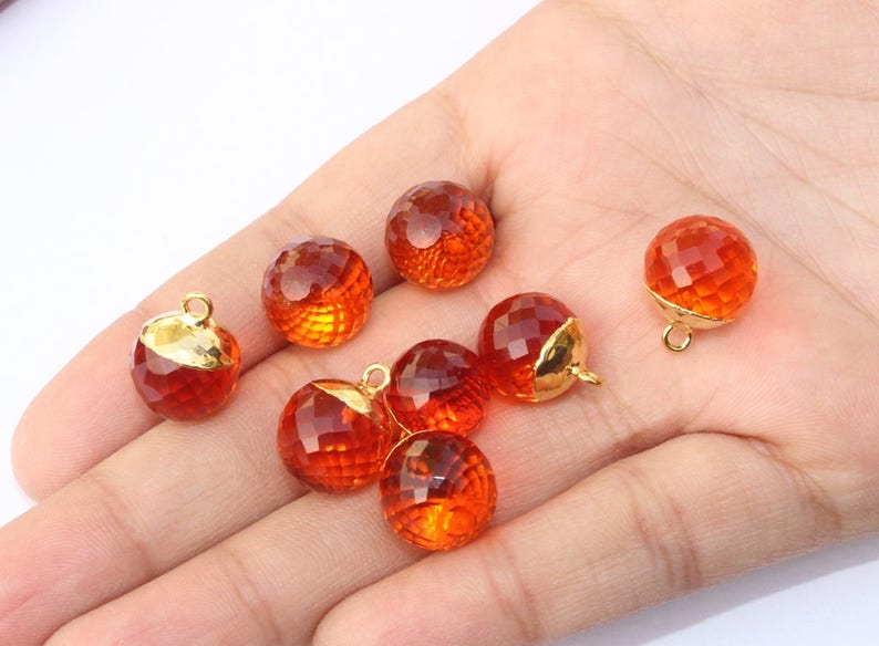 2 Pcs 1 Match Pair 12mm 24K Gold Electroplated Capped Orange Quartz Faceted Ball Charm Pendant Earrings Findings DIY Jewelry Making QC05