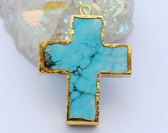 24K Gold Electroplated Edge Turquoise Cross Pendant 34x26mm Gold Edge Turquoise Carved Pendant Gold Layered Turquoise Cross Charm SKU2015