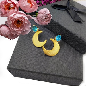 Multi Color Quartz Crescent Moon Earrings Post, Pendant, Connector & Stud Earrings, 22kt Gold Plated Jewelry Findings, DIY Jewelry Supplies
