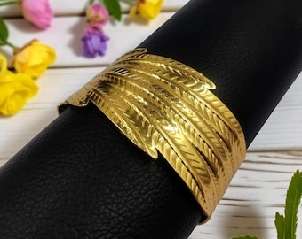 22kt Gold Plated Designer Feather Cuff Bracelet | Handmade Cuff Bangle | Wedding Bracelet | Adjustable Statement Bracelet | Gift Idea