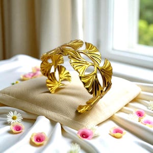 22kt Gold Plated Handmade Ginkgo Leaves Cuff Bracelet | Designer Cuff Bangle | Wedding Bracelet | Adjustable Statement Bracelet | Gift Idea