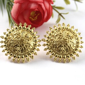 22kt Gold Plated Round Post Earring with Loop / 38mm / Earrings Connector / Engraved Ear-post / Earring Findings / Post Ear / Jewelry Making