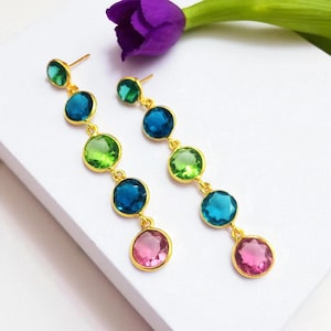 2.55" Bezel Set Multi Color Round Stone Long Earrings | Gold Plated Earrings | Bridal- Wedding Earrings | Party Wear Earrings | Gift For Her