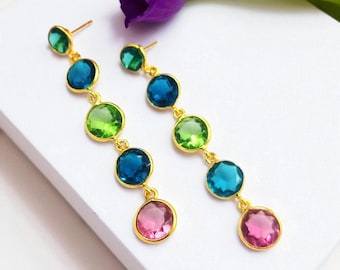 2.55" Bezel Set Multi Color Round Stone Long Earrings | Gold Plated Earrings | Bridal- Wedding Earrings | Party Wear Earrings | Gift For Her