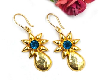 Teal Blue Quartz Designer Bud & Flower Earrings | 22kt Gold Plated Handmade Hammered Pendant | DIY Jewelry Making Supplies | Gift For Her