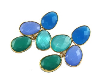 1.73" Faceted Multi Chalcedony Bezel Set Earrings / 18k Gold Plated Gemstone Earrings / Four Stone Earrings / Bridal-Wedding /Gift Idea BZ03