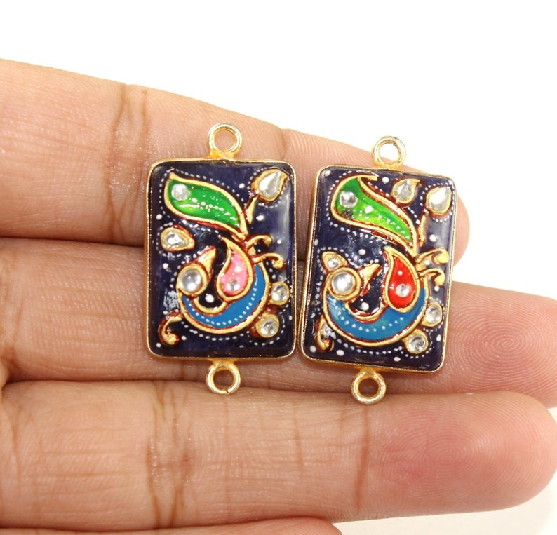 1Pc DIY 24x18mm Bezel Set Lapis Lazuli Tanjore Pendant 22kt Gold Plated Double Loop Gemstone Connector Jewelry Making-Supplies MB13