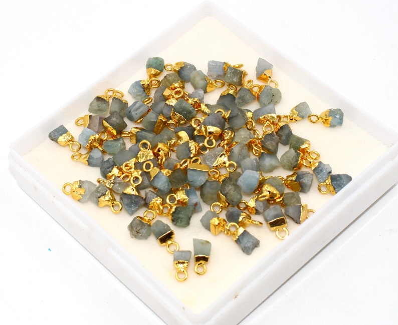 Natural Aquamarine Rough Nugget Pendants, 24Kt Gold Electroplated Raw Gemstone, Bracelets Charms, Mini Pendants, DIY Jewelry Making Supply image 1