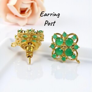 Emerald Stone Prong Set Flower Earring Post & Stud Earrings 22kt Gold Plated Handmade Earrings DIY Jewelry Making Supplies Gift For Her.