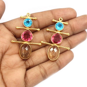 Rubellite Quartz, Citrine Quartz & Swiss Blue Quartz Ear-post, Gold Plated Pendant n Ready to wear Earrings, Handmade Jewelry n DIY Jewelry