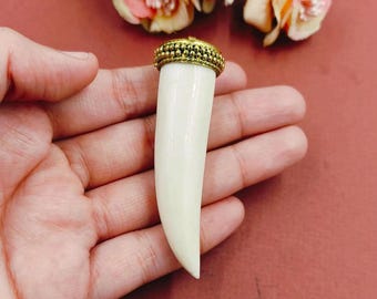 1 Pc Ethically Sourced Buffalo Bone Pendant 67x20mm Handmade Dotted Brass Capped Bone Tooth Pendant DIY Jewelry Making Supplies Gift For Her