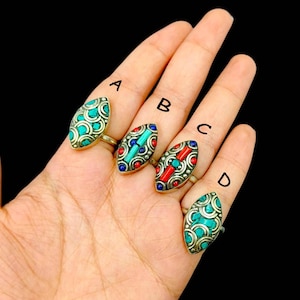 Turquoise Coral Lapis Tibetan Silver Ring Handmade Tribal Fusion Nepali Ring Ethnic Tribal Statement Ring Bohemian Nepalese Adjustable Ring.