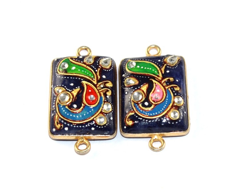 1Pc DIY 24x18mm Bezel Set Lapis Lazuli Tanjore Pendant 22kt Gold Plated Double Loop Gemstone Connector Jewelry Making-Supplies MB13
