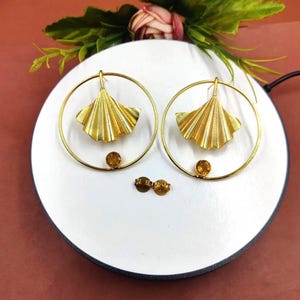 Citrine Quartz Hoop Style Ginkgo Leaf Earrings | 54mm Real Gold Plated Handmade Japanese Fan Earrings | Statement Earrings | Gift For Her