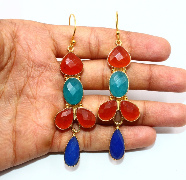 22kt Gold Plated Multi Color Chalcedony Earrings 82x22mm Five Gemstone Gold Earrings Wedding Earrings Bohemian Earrings Gift For Her