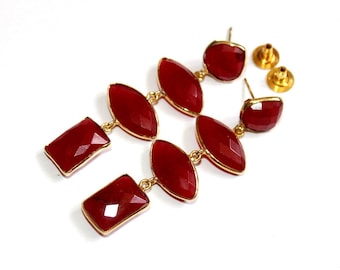 2.55" Faceted Berry Red Chalcedony Bezel Set Long Earrings / Four Stone Gold Earrings / Bridal - Wedding Jewelry / Gemstone Earrings