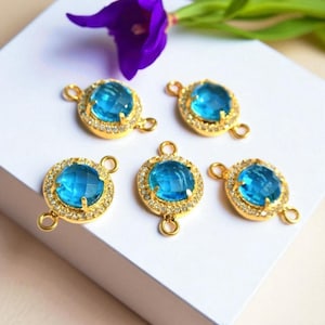 1Pc CZ Pave 10mm Hydro Blue Topaz Round Connector 22kt Gold Plated Gemstone Connector DIY Jewelry Making Supplies Jewelry Findings Component