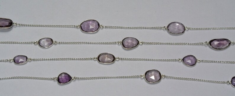 Faceted Pink Amethyst Bezel Set Link Chain 11-21mm Silver Plated Gemstone Continuous Connector Chain Per Foot DIY Jewelry Making Supply