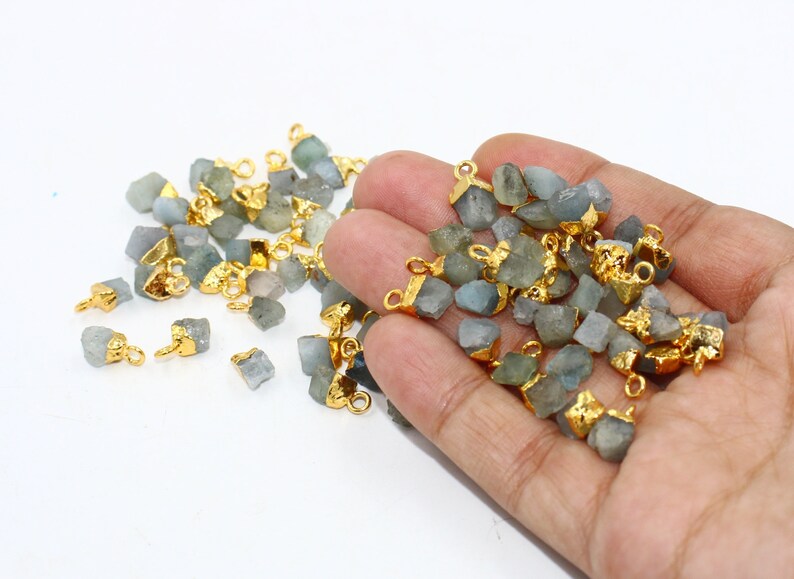 Natural Aquamarine Rough Nugget Pendants, 24Kt Gold Electroplated Raw Gemstone, Bracelets Charms, Mini Pendants, DIY Jewelry Making Supply image 3