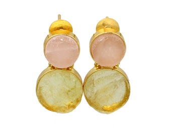 Natural Lemon & Rose Quartz Gemstone Earrings - 30mm Gold Plated Natural Raw Gemstone Earrings - Designer Handcrafted Gemstone Earrings