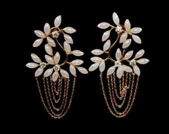 Real Gold Plated Vine Earrings, 80mm Designer Chain Earrings, Pearl Leaves Earrings, White Pearl  Marquise Branch Earrings, Bridal Earrings