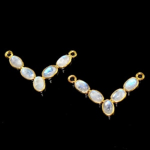 1 Pair 22kt Gold Plated Bezel Set Natural Rainbow Moonstone 5 Stone Double Loop Pendant / 17x30mm Gemstone Connector / DIY Jewelry Supplies