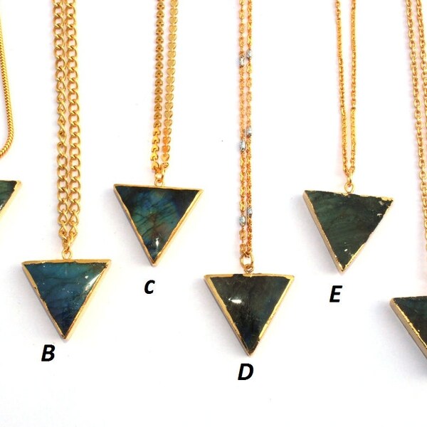 24kt Gold Electroplated Edge Multi Flashy Labradorite Triangle Pendant Necklace / Natural Gemstone Necklace / Bohemian Necklace / NO19