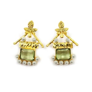 Multi Color Stone & Pearl Earrings | 43mm 22K Gold Plated Handcrafted Designer Earrings | Party Wear Earrings | Gift Idea | Bridesmaid Gift