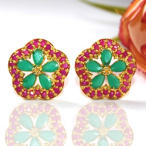 Pink & Green Stone Earrings Post | 22K Gold Plated Prong Set Flower Stud Earrings | Everyday Jewelry | Handmade Jewelry Supplies | Gift Idea