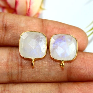 22kt Gold Plated Rainbow Moonstone Cushion Earrings Post | Handmade Charm Pendant n Connectors | DIY Jewelry Supply | Necklace Findings