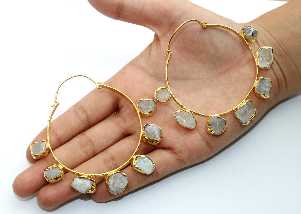 Natural Raw Rainbow Moonstone Hoop Earrings / Gold Earrings / 7 Stone Earrings / Gemstone Earrings / Gift Idea / August Birthstone / GSP03