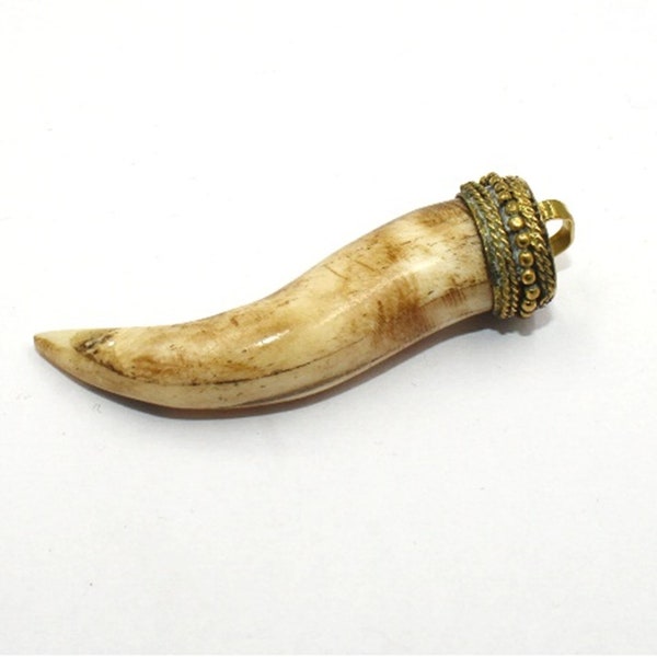 Brown & Cream Bone Horn Pendant |  59x16mm Delicate Bone Horn Pendant | Tibetan Nepali Pendant | Handmade Bone Pendant | Boho Horn Pendant