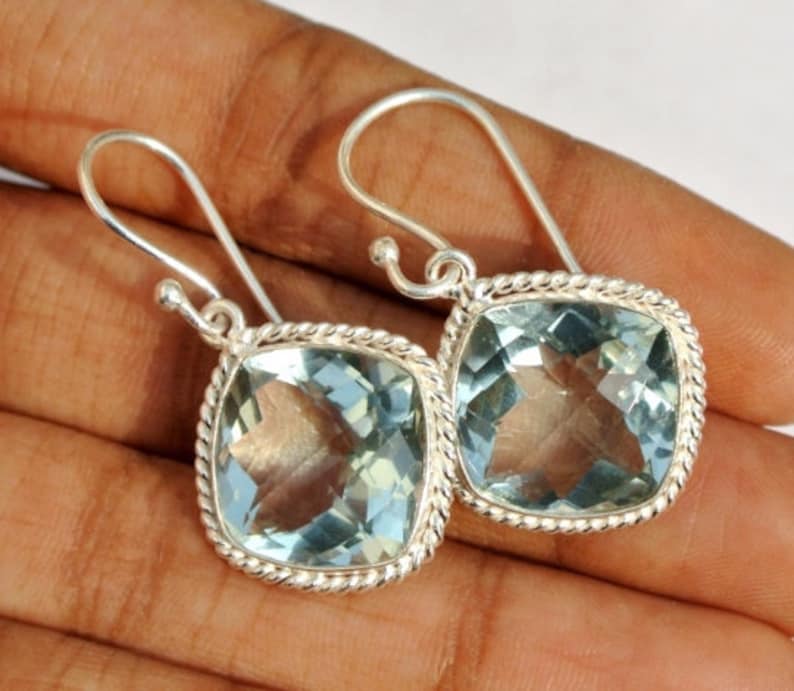 34x16mm Bezel Set Aqua Quartz Cushion Earrings Faceted Gemstone Earrings Handmade Earrings Gift Idea Bridal Wedding Quartz Earring