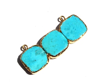 1Pc 15mm Triple Turquoise Cushion Pendant Connector / 24kt Gold Electroplated Gemstone Connector / Jewelry Making - Supplies / Findings /DIY