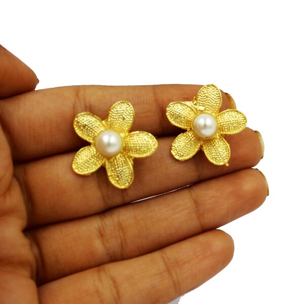 Freshwater Pearl Flower Earring Post, 23mm 22Kt Gold Plated Designer Stud Earrings, Textured Flower Pendant, Handmade Jewelry Supplies, LG70