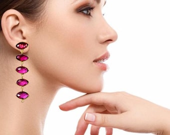 2.51" Rubellite Quartz Bezel Set Long Marquise Earrings / Five Stone Gold Earrings / Gift Idea / Bridal - Wedding Jewelry /Gemstone Earrings