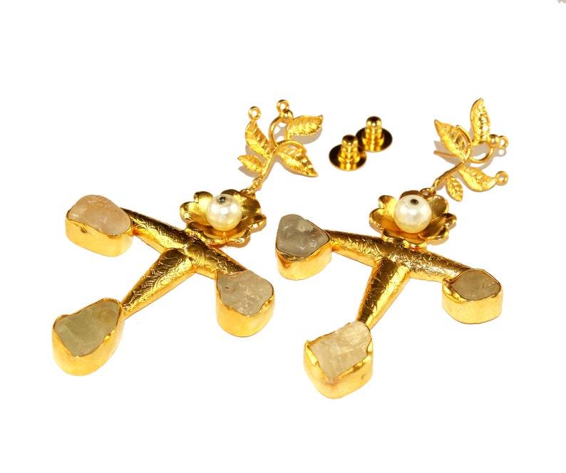 3.42 22kt Gold Plated Natural Raw White Topaz Flower Earrings Three Rough Gemstone Earrings November Birthstone Gift Idea RO74