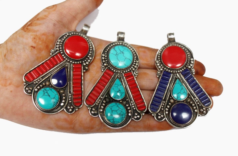 Nepal Tibetan Pendant with Turquoise Lapis /& Coral Inlays Handmade Tibetan Nepali Jewelry Large Bohemian Pendant Ethnic Tribal Pendant
