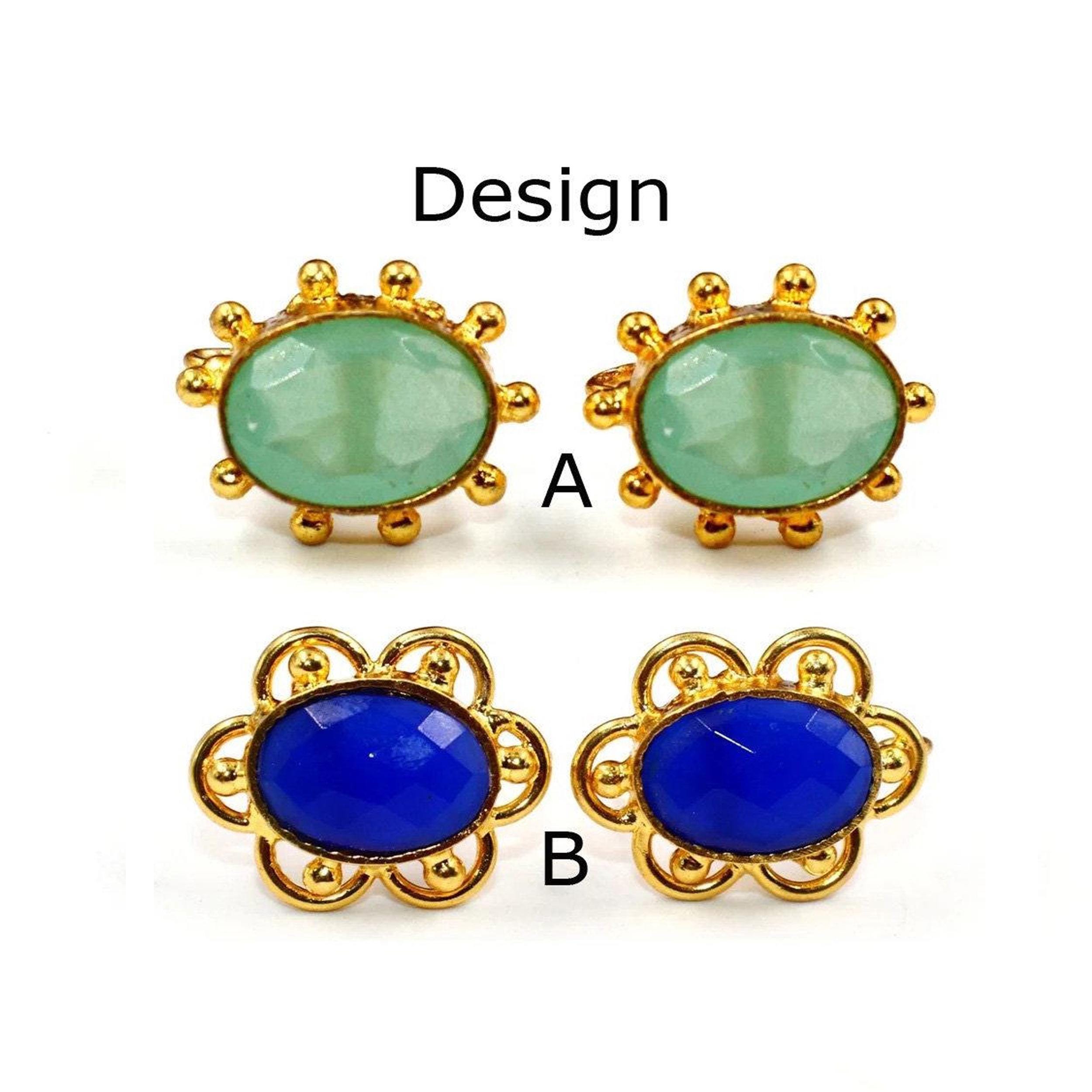 Multi Color Quartz Chalcedony & Onyx Handmade Earring Post Gold Plated Gemstone Ear Post DIY Jewelry Making Supplies Earring Connector.