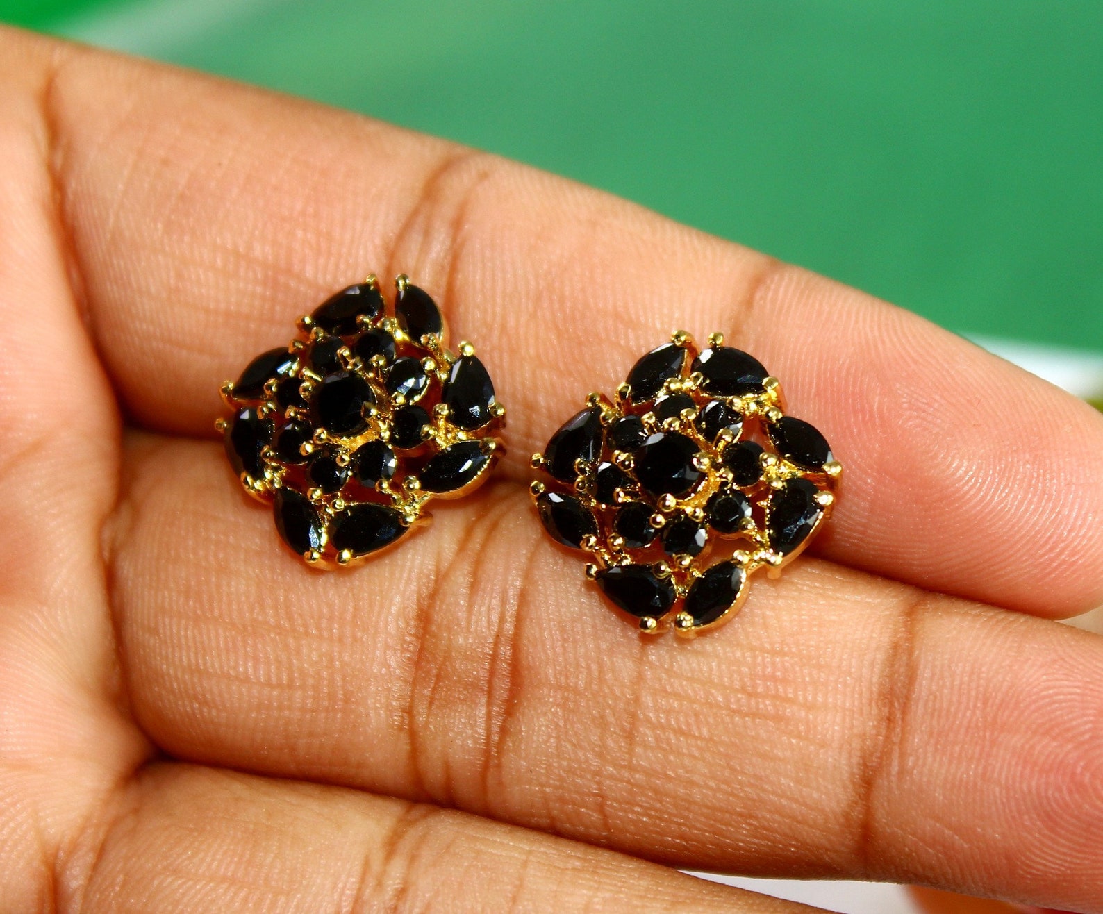 Black Semiprecious Gemstone Stud Earrings / 18mm 22kt Gold Etsy
