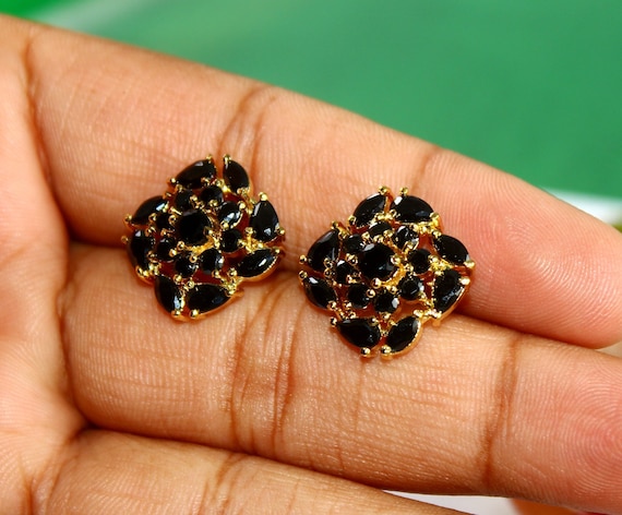 22kt Gold Plated Black Stone Earrings Post | 22kt Gold Plated Handmade Prong Set Flower Stud Earrings | DIY Jewelry Making Supplies | Gift