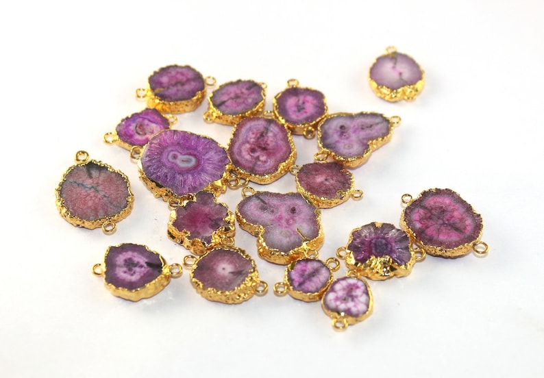 1Pc Gold Electroplated Edge Pink Solar Quartz Stalactite Slice Pendant Double Loop Connector Druzy Pendant Jewelry Making DIY BG23