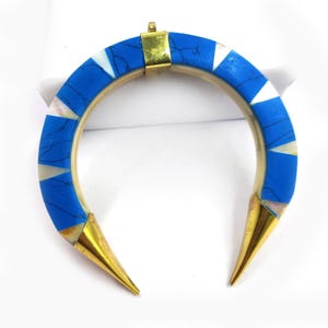 Buffalo Bone & Mother of Pearl Handmade Blue Color Inlay Crescent Horn Pendant | Brass Cone Tip Tribal Boho DIY Jewelry Supplies Components.