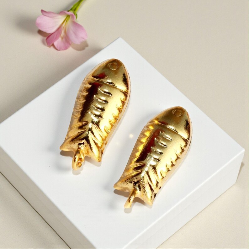 20mm Gold Plated Designer Fish Earrings Post Handmade Engraved Fish Connector Post Stud DIY Jewelry Making supplies Jewelry Findings image 5