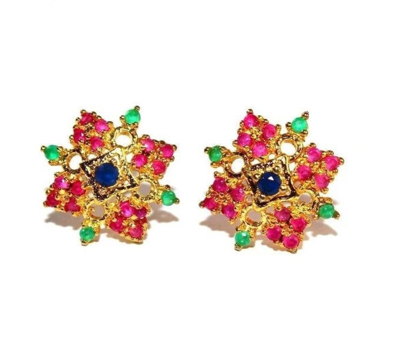 22kt Gold Plated Pink Green /& Blue Semiprecious Gemstone Stud Earrings 16mm Prong Set Flower Earrings Everyday Jewelry Gift Idea EM140