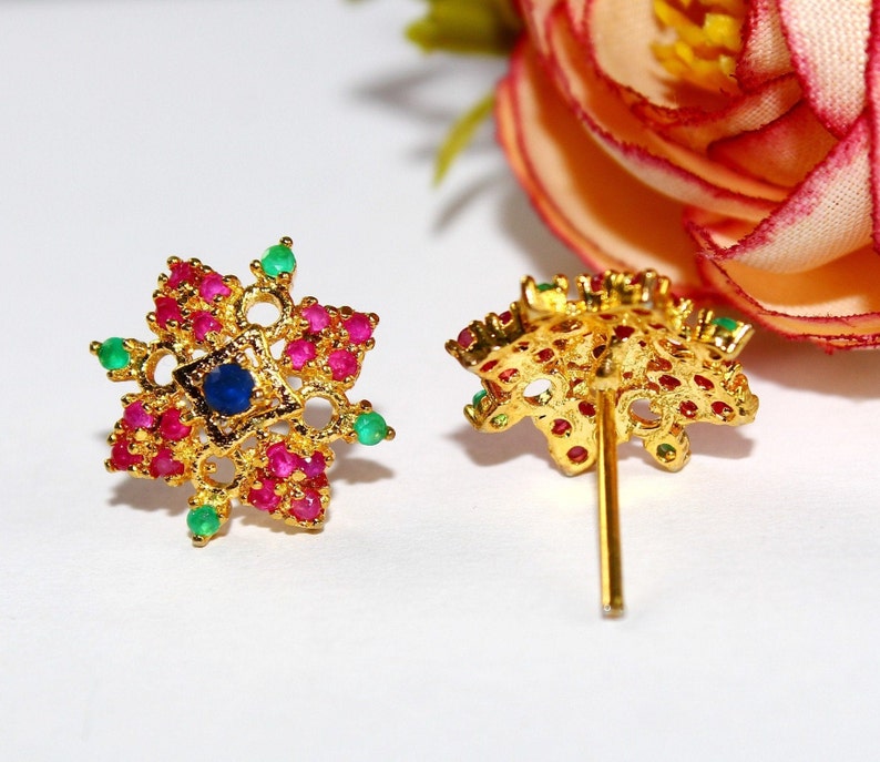 22kt Gold Plated Pink Green /& Blue Semiprecious Gemstone Stud Earrings 16mm Prong Set Flower Earrings Everyday Jewelry Gift Idea EM140