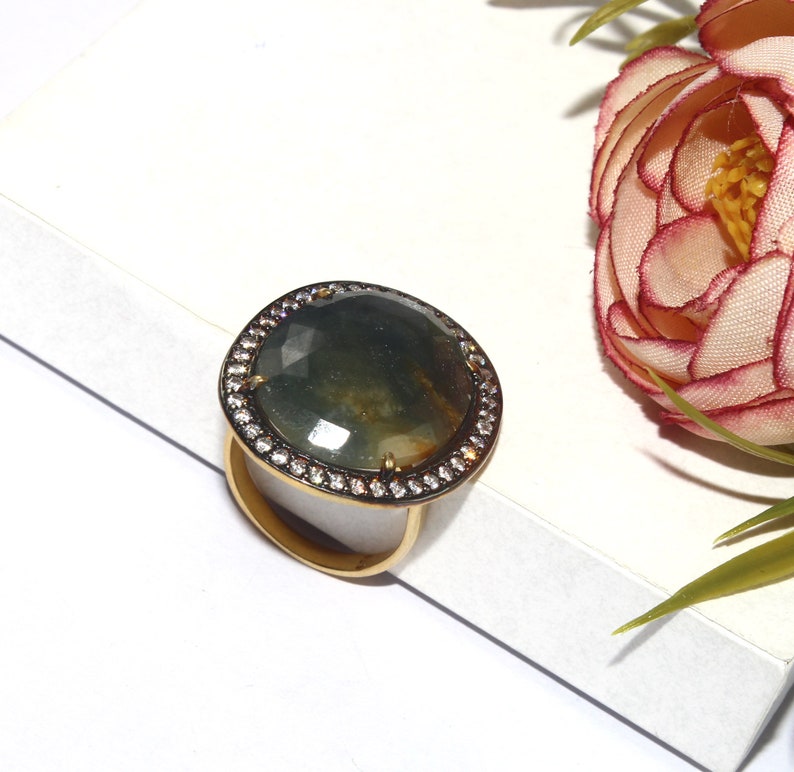 925 Sterling Silver Natural Sapphire Ring Size US 7 Gold /& Black Rhodium Vermeil Ring Zircon Pave Jewelry Gift For Her SL86