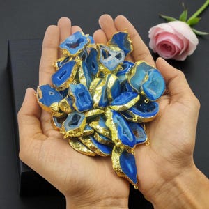 5Pcs 24Kt Gold Electroplated Edge Blue Agate Geode Slice Pendants | Handmade Single & Double Loop Connectors | DIY Jewelry Making Supplies
