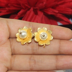 Pearl Flower Earring Post | 18mm 22Kt Gold Plated Handmade Ear-Post | Designer Connector Post Stud | Earring Findings |DIY Jewelry Supplies