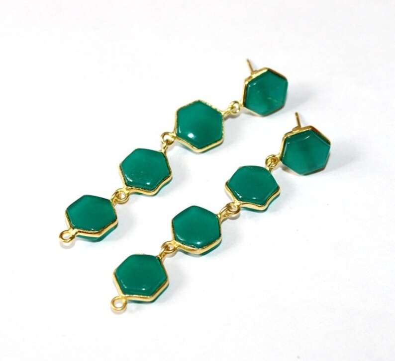 Wedding Jewelry Gemstone Earrings 2.63 Green Chalcedony Bezel Set Long Hexagon Earrings Four Stone Gold Earrings Gift Idea Bridal